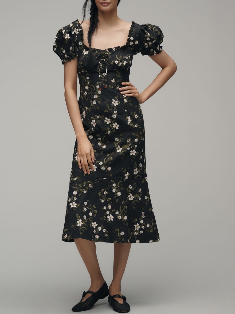 Anthropologie Black Floral Puff-Sleeve Midi Dress